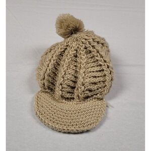 Women's Knit Poor Boy Style Pom-Pom Hat Tan One Size Beanie Cap